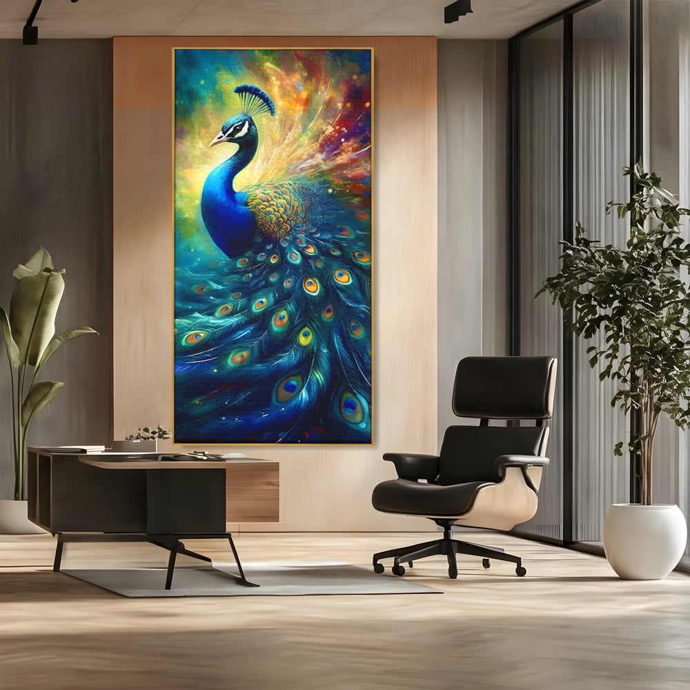 Tablou canvas cu tablou canvas cu paun colorat, in rama de aluminiu auriu, pe perete intr-un birou